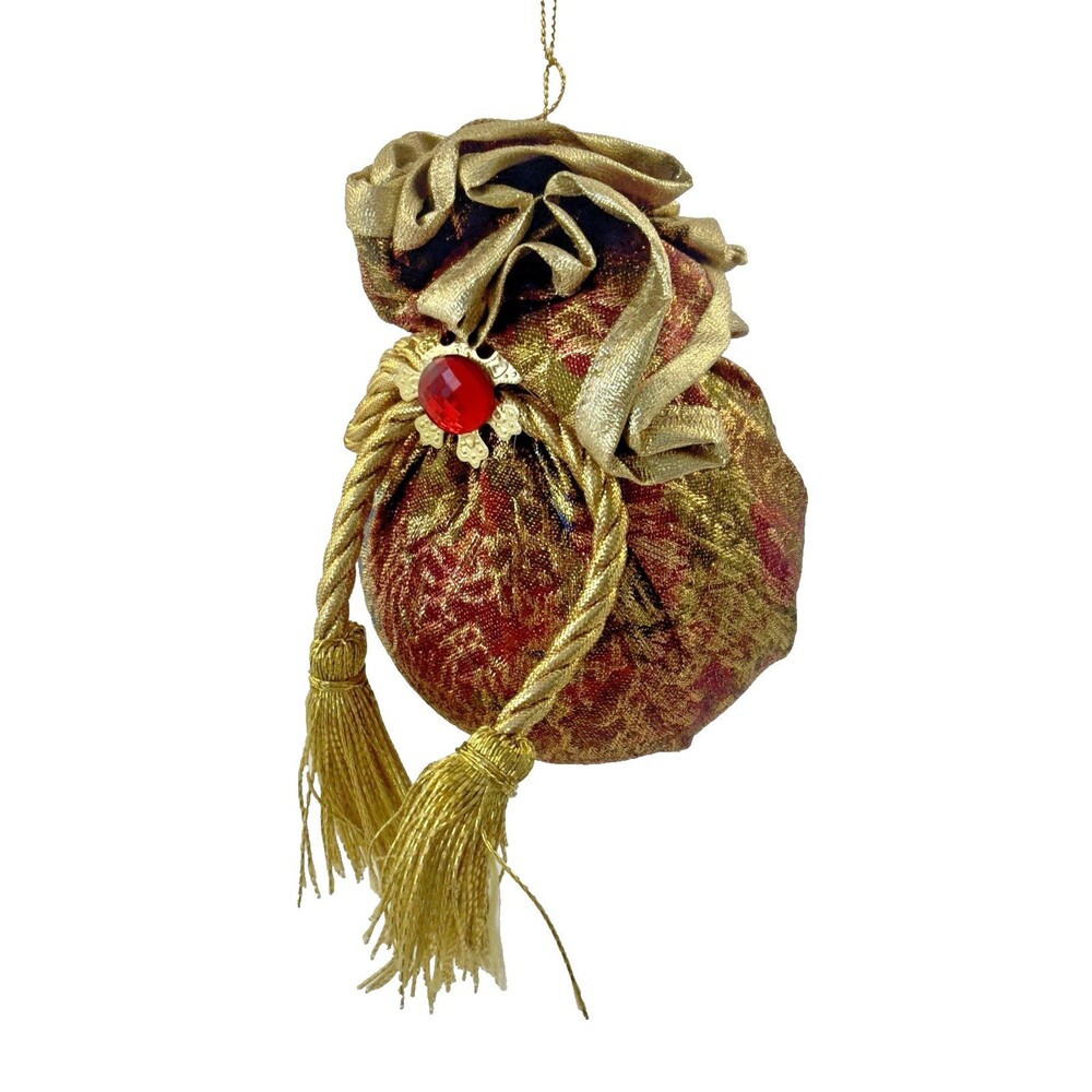 Vintage Christmas Ornament Potli Bag Pouch Gold Red Jewel Tassel Indian Style